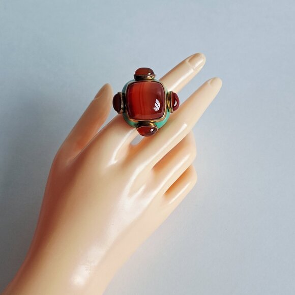 New Angelique de Paris Large Square Orange Natural Stones Blue Ring Size 7 - Picture 17 of 17